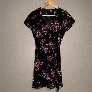 Divided Black Floral Wrap Mini Dress with Pink and White Flowers